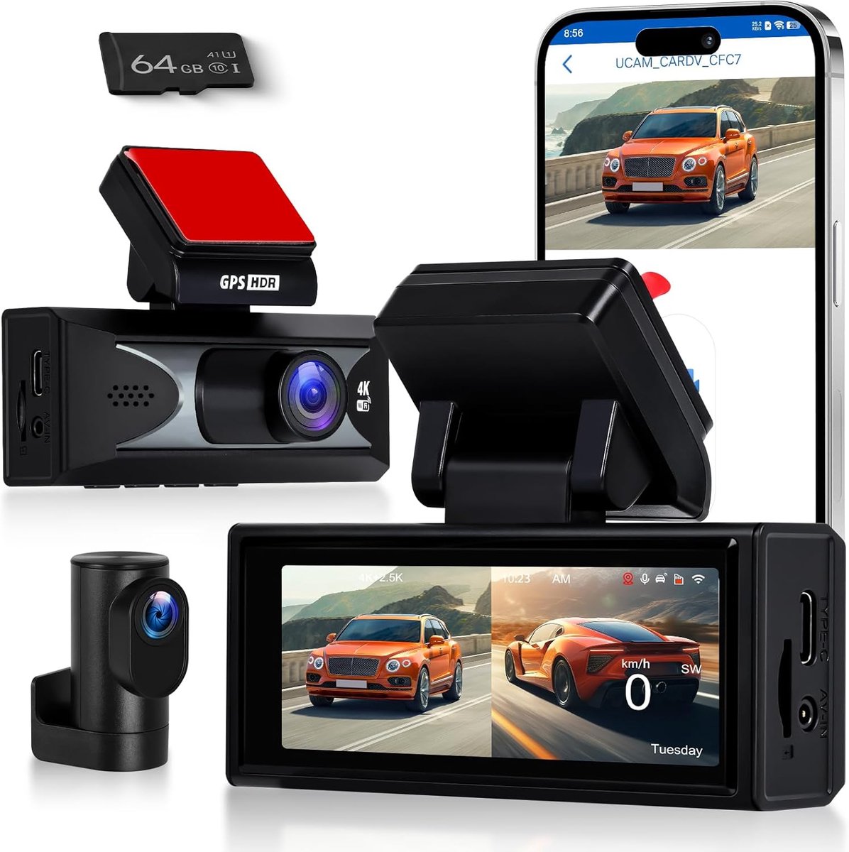 SnelShoppen - 4K Dashcam met 2.5K Achtercamera, 3.16 Inch IPS Scherm, Wi-Fi App Controle, ADAS, Nachtzicht, G-Sensor, Parkeerstand, Auto Accessoires