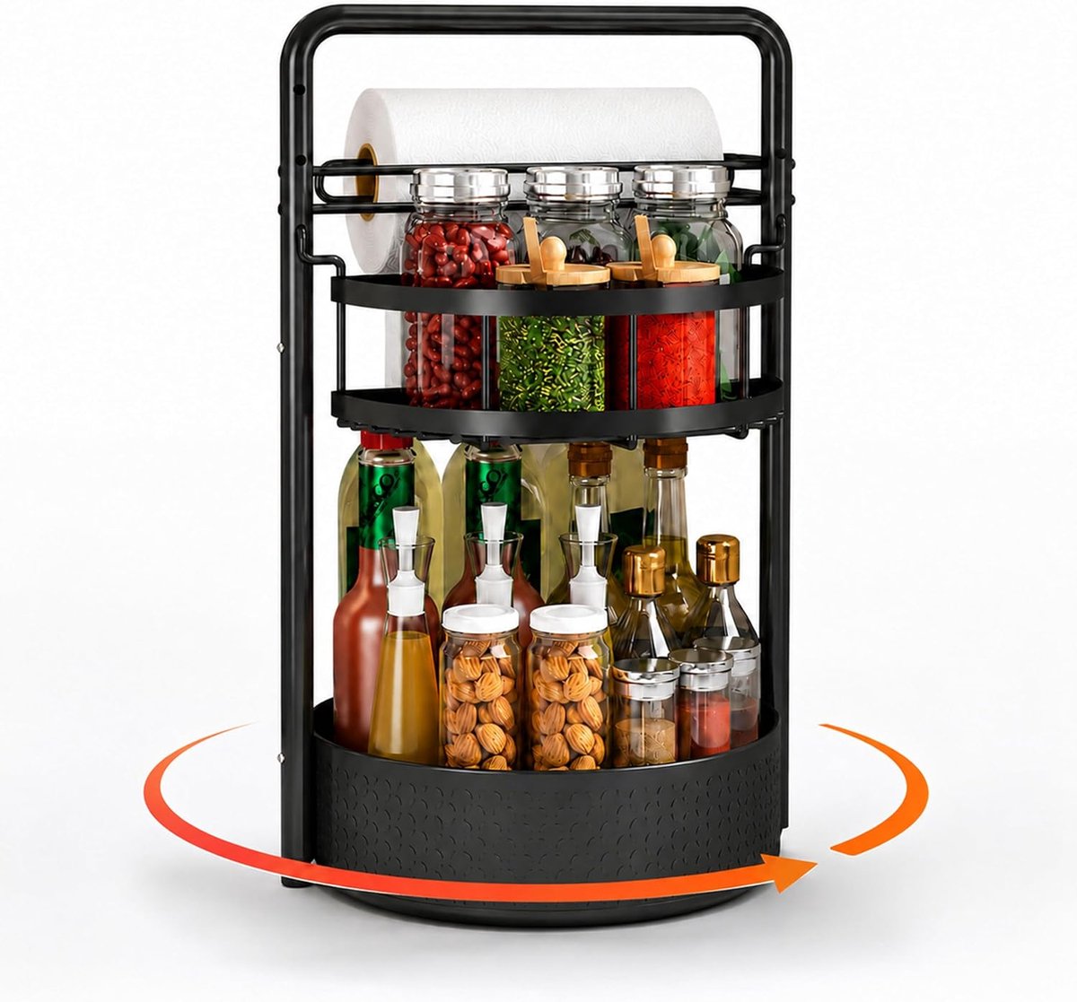 Thijox - Draaibaar Kruidenrek 2 Laags van Staal, 360° Lazy Susan met RVS Kogellager, Stevige Keuken Organizer met Papierrolhouder in Wit voor Opgeruim