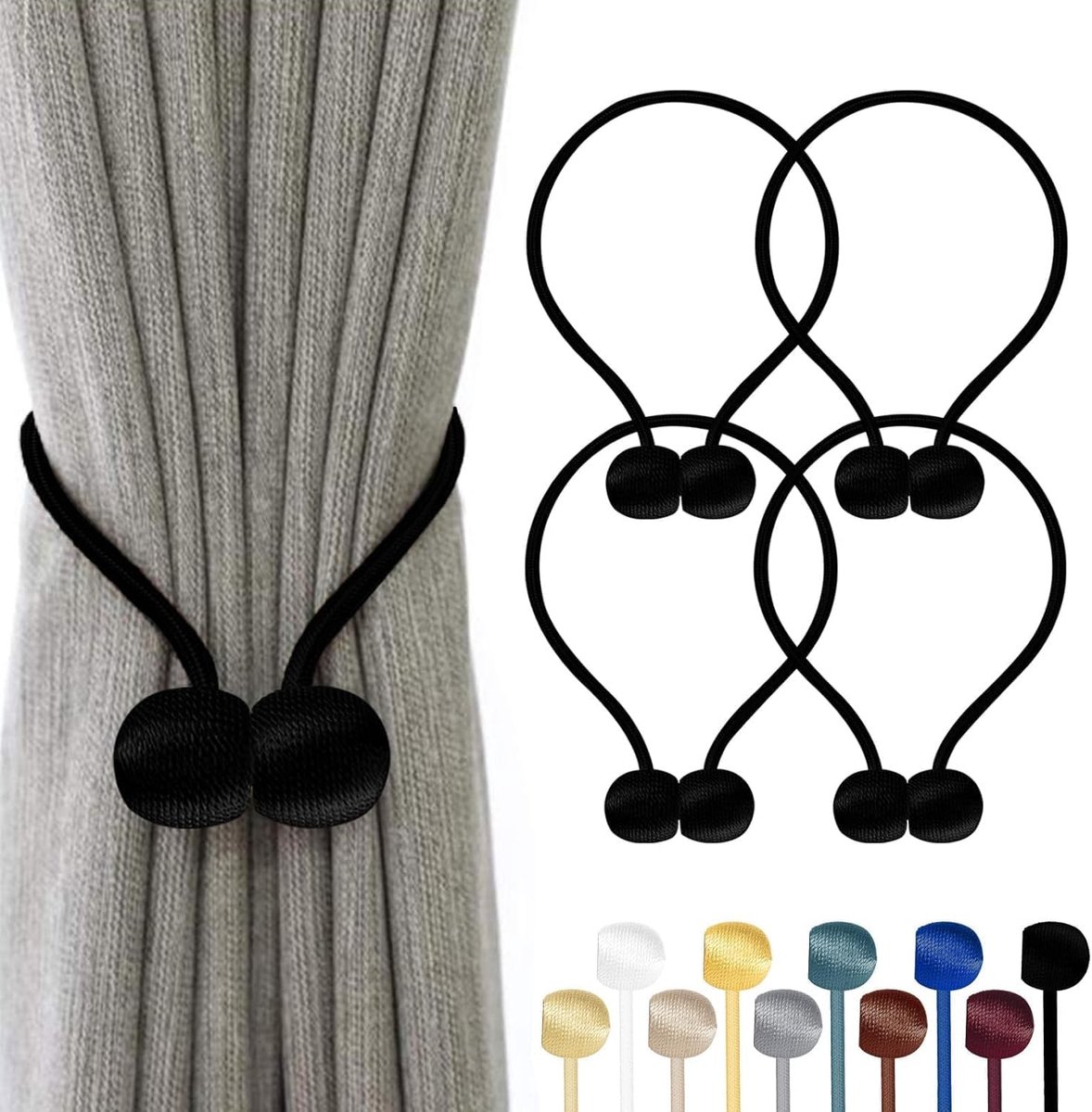 SnelShoppen - Pack van 4 Magnetische Gordijnhouders met Sterke Magneten, 10 Kleuren, Ideaal voor Woonkamer, Slaapkamer, Badkamer, Kantoor, Zwart