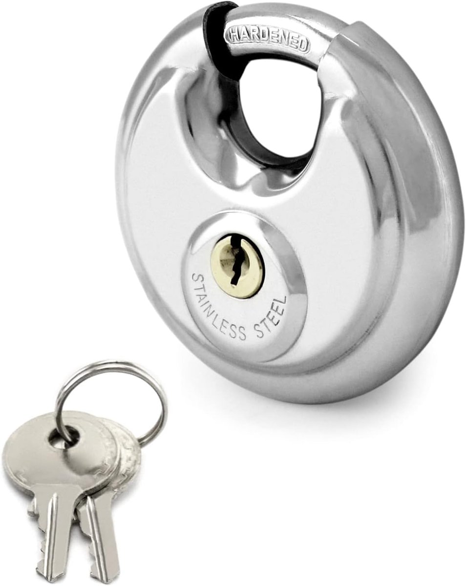 SnelShoppen - 70mm Hangslot Rvs Schijfslot met Rvs Beugel, Weerbestendig, Rond met 2 Sleutels, Voor Tuin, Schuur, Hek, 3/8" Beugel