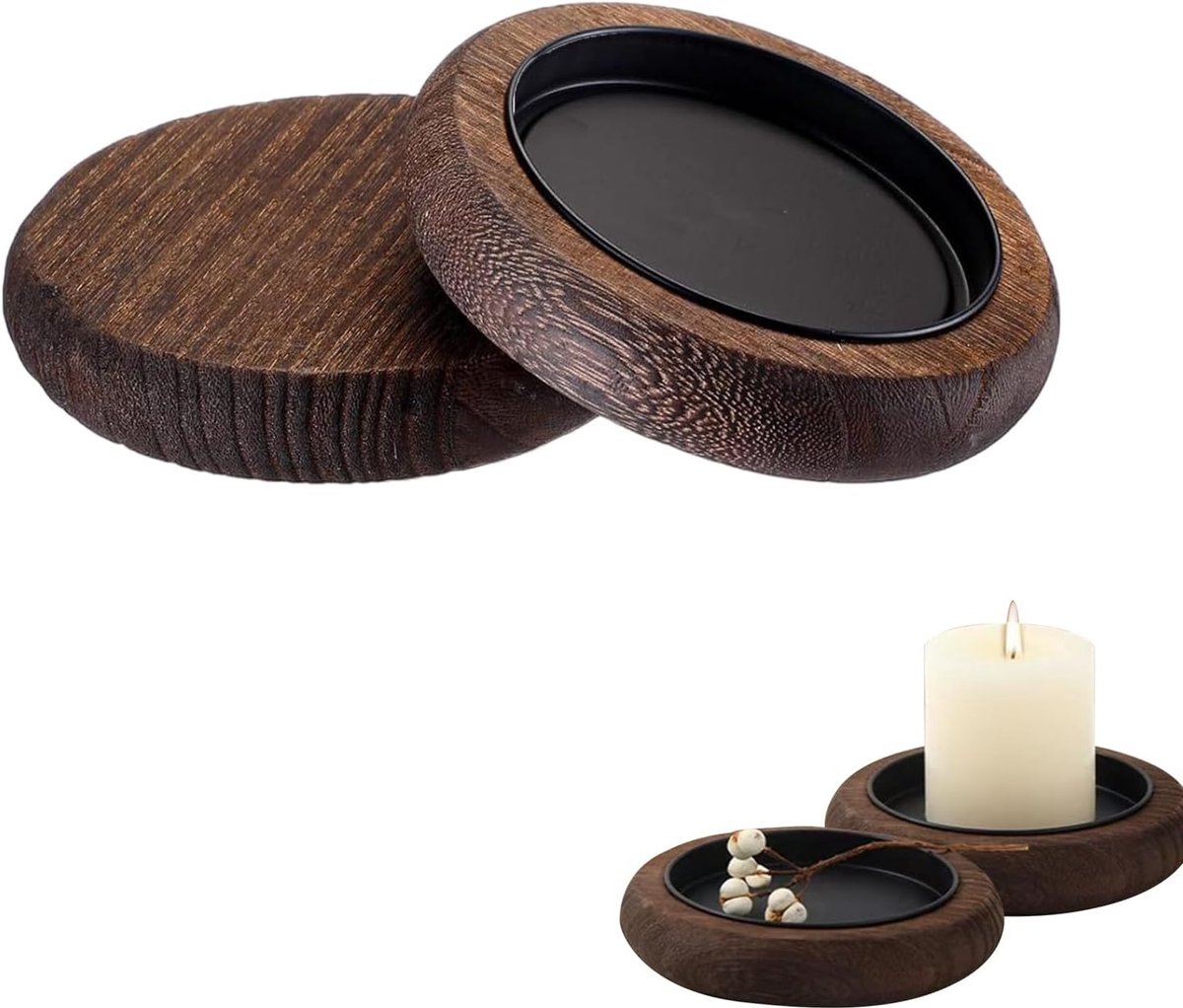SnelShoppen - Set van 2 Houten Kaarsenhouders - Donkerbruin - FSC Beukenhout - Inclusief Wax Trog - Voor Theelichten en Pilaren - 11 cm Rond - Decorat