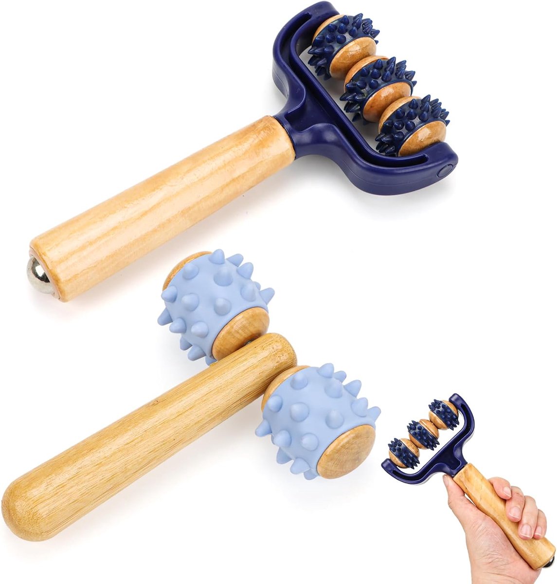SnelShoppen - 2 Stuks Massage Roller Set met Houten Handvat, Hedgehog Bal Massageballen, Draagbare Zelfmassage Tool voor Benen, Voeten, Armen en Rug