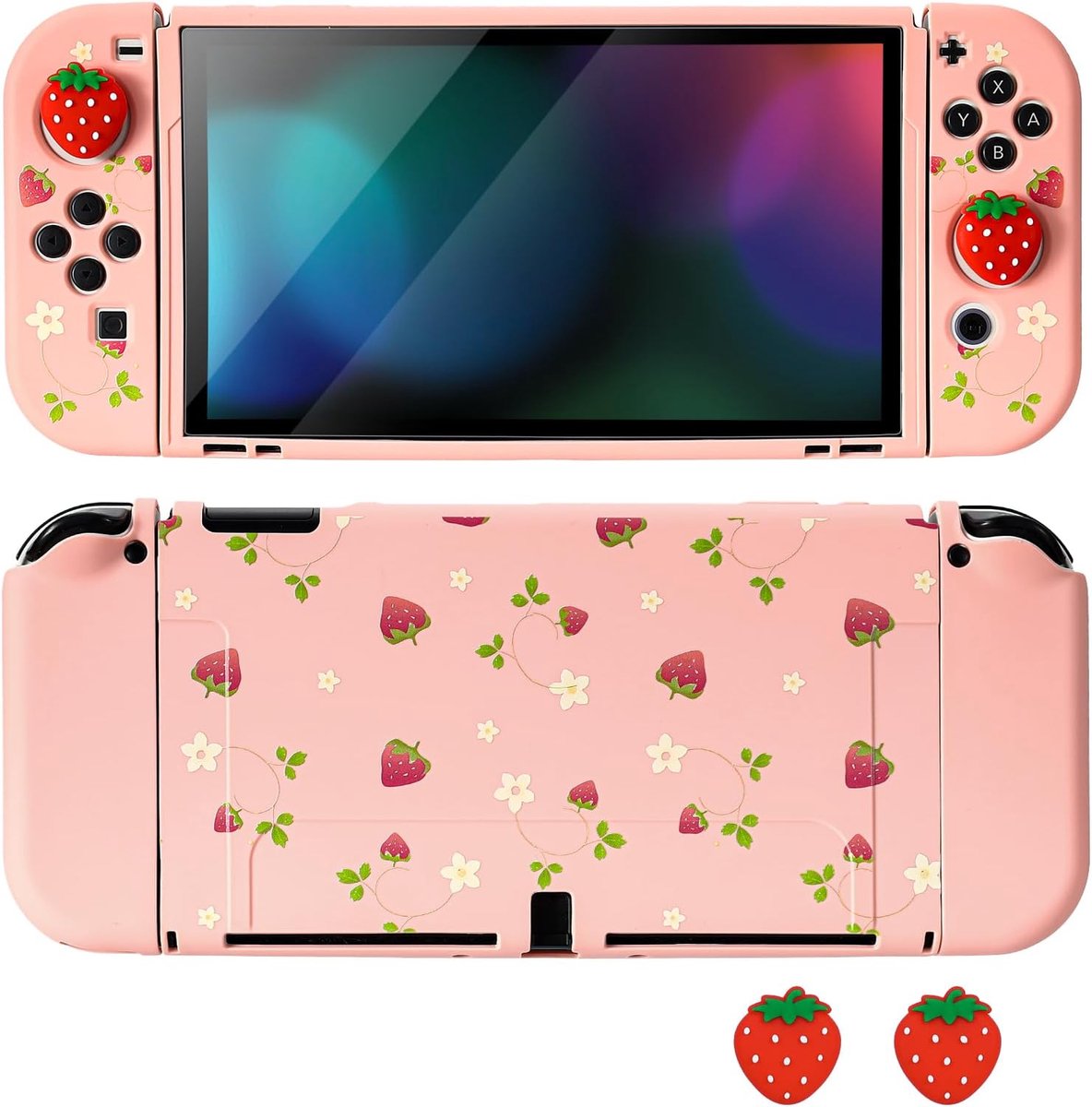 SnelShoppen - Zachte Siliconen Beschermhoes voor Switch OLED - Krasbestendig, Schokabsorberend, Slank, Dockbaar met Aardbei Print, Inclusief 2 Houders