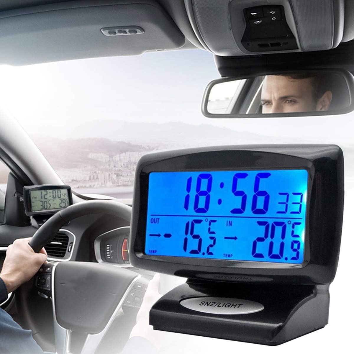 SnelShoppen - Digitale Thermometer en Klok voor Auto, 2-in-1 Temperatuurmeting met Blauwe LCD Achtergrondverlichting, Perfect voor Binnen en Buiten