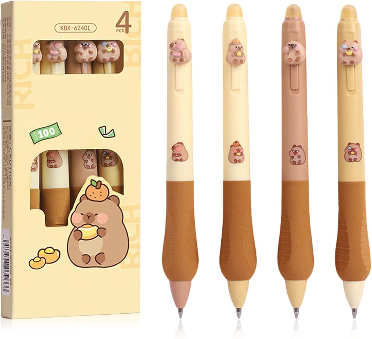 SnelShoppen - Schattige Capybara Pen Set - 4 Stuks, Erasable Rollerball, 0.5mm Kawaii Design, Blauw Inkt, Perfecte Schoolgift voor Kinderen
