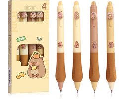 SnelShoppen - Schattige Capybara Pen Set - 4 Stuks, Erasable Rollerball, 0.5mm Kawaii Design, Blauw Inkt, Perfecte Schoolgift voor Kinderen