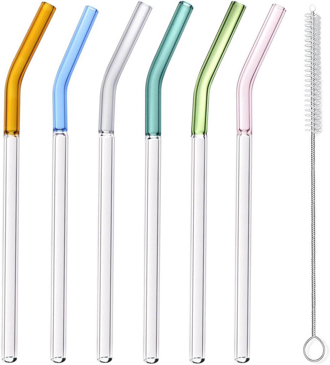 SnelShoppen - Herbruikbare Borosilicaatglazen Rietjes 6 Stuks met Reinigingsborstel - Hittebestendig, Milieuvriendelijk, Voor Warme en Koude Dranken,