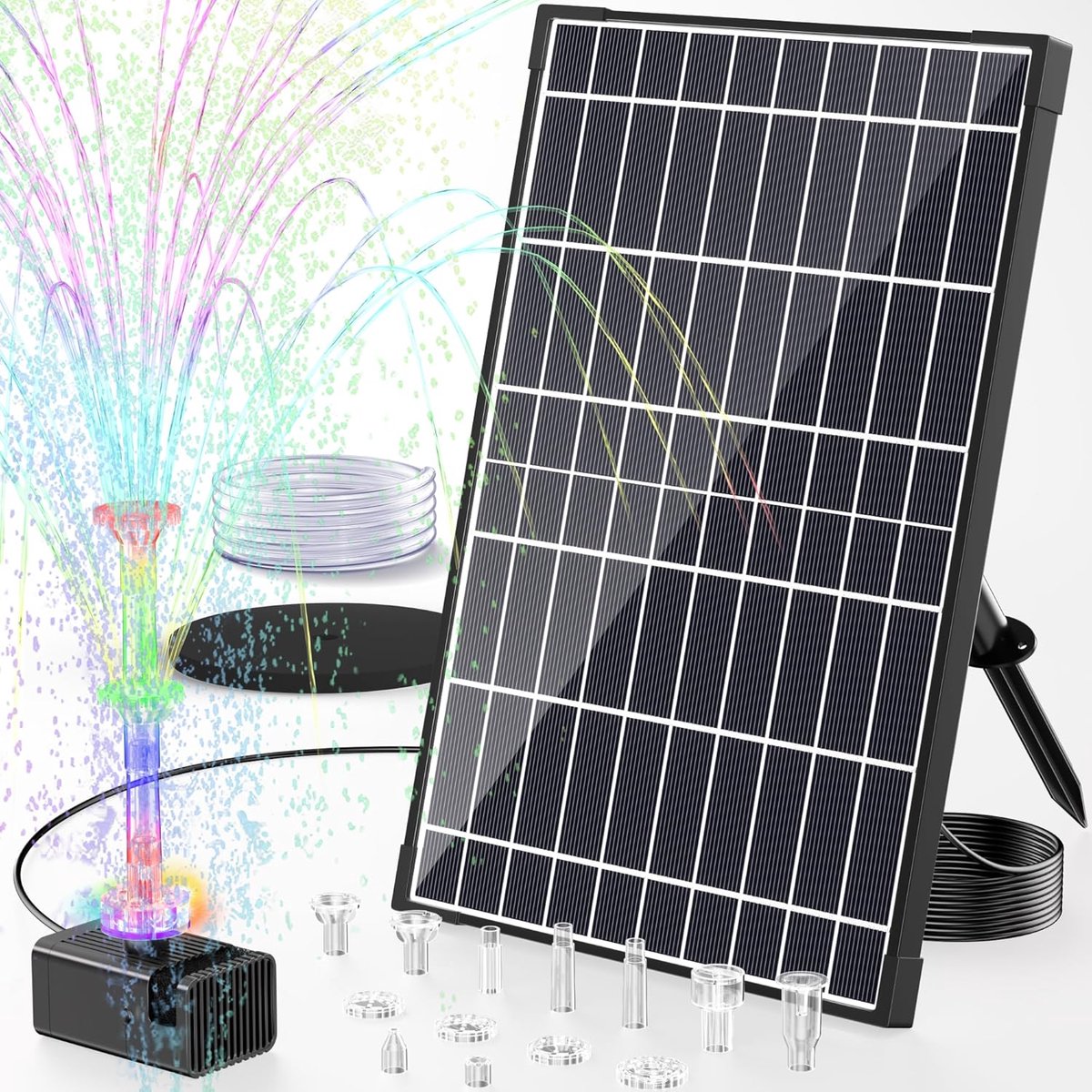 SnelShoppen - 12W Zonnevoeding Vijverpomp met 4200 mAh Accu, Kleurrijke LED Verlichting en Afstandsbediening - Ideaal voor Vogelbad, Aquarium, Tuinvij