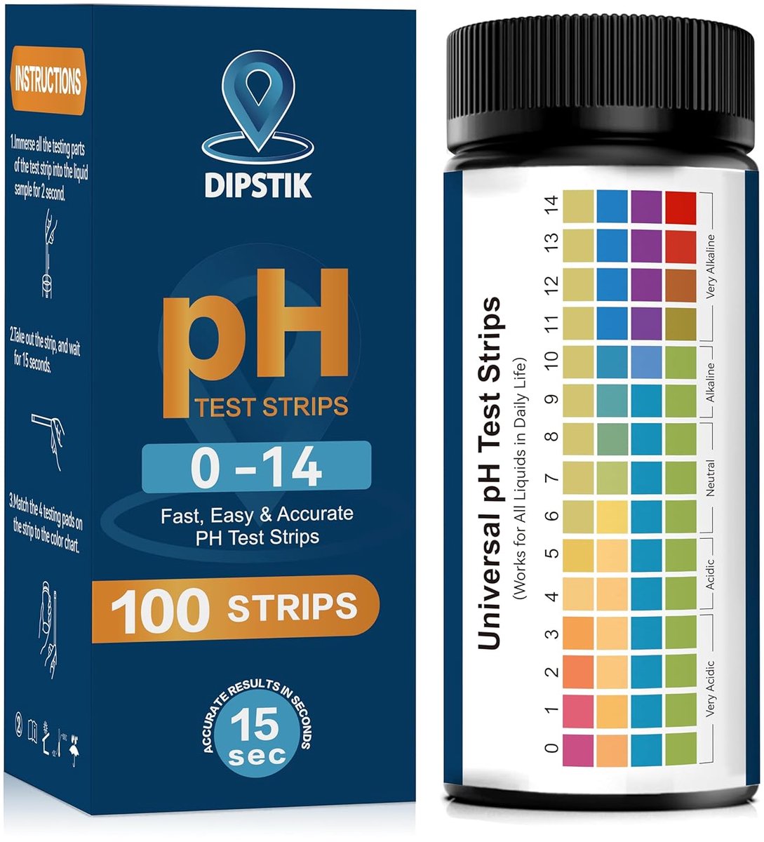 SnelShoppen - pH-teststrips 0-14, universele lakmoetpapierstrips voor drinkwater, aquaria, zwembaden, whirlpools, spa's - 100 stuks, nauwkeurig en een