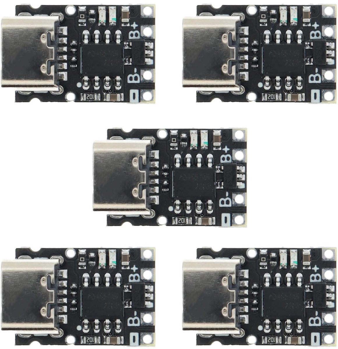 SnelShoppen - 5 Stuks TP4057 USB C Batterij Oplaadmodule TP4056 18650 LiPo 3.7V 1A met Kortsluitbeveiliging en Diepontladingsbescherming