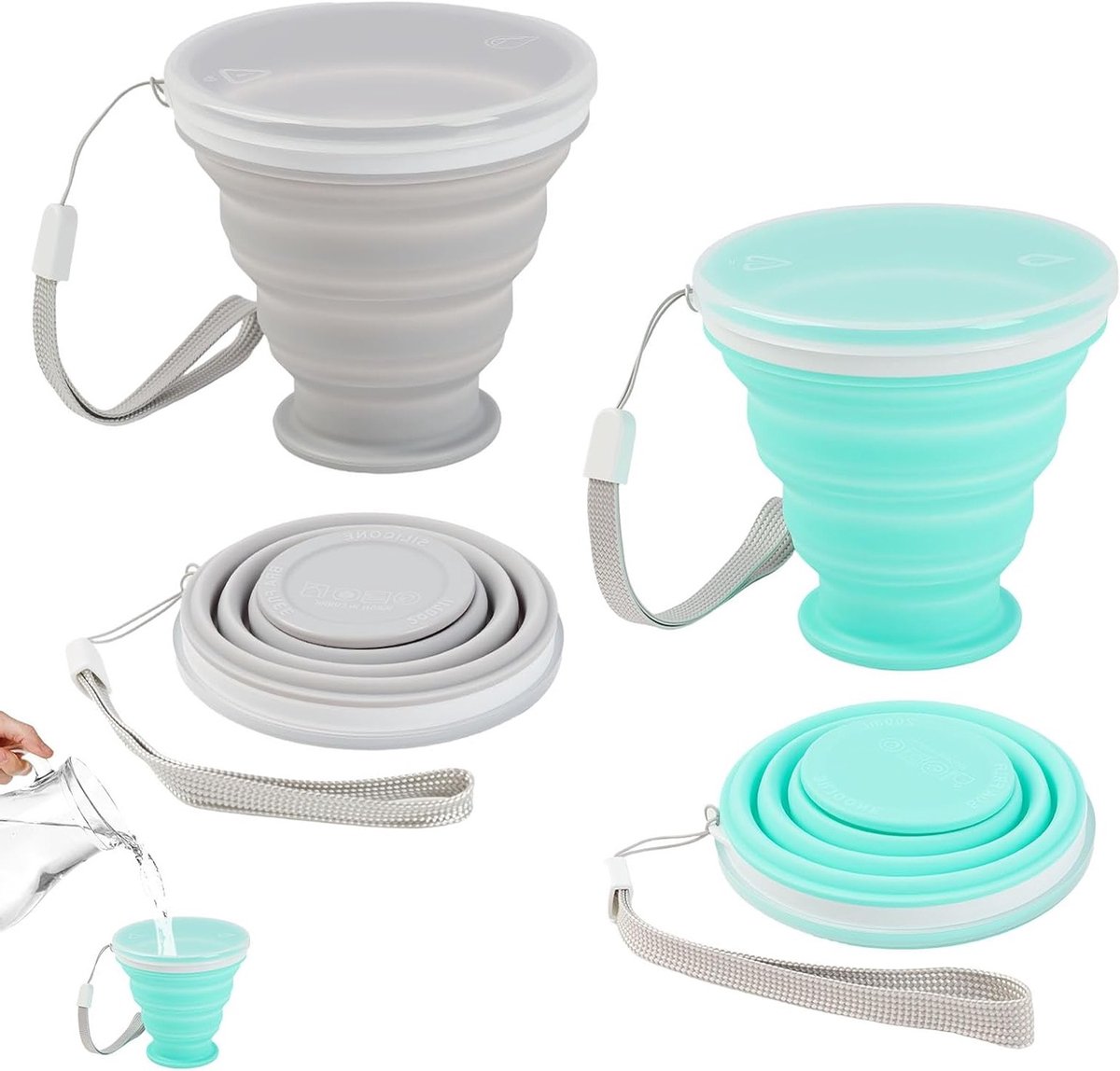 Set van 2 Opvouwbare Siliconen Bekers met Deksel, Compact en Draagbaar voor Kamperen, Reizen en Picknicken - 200 ml