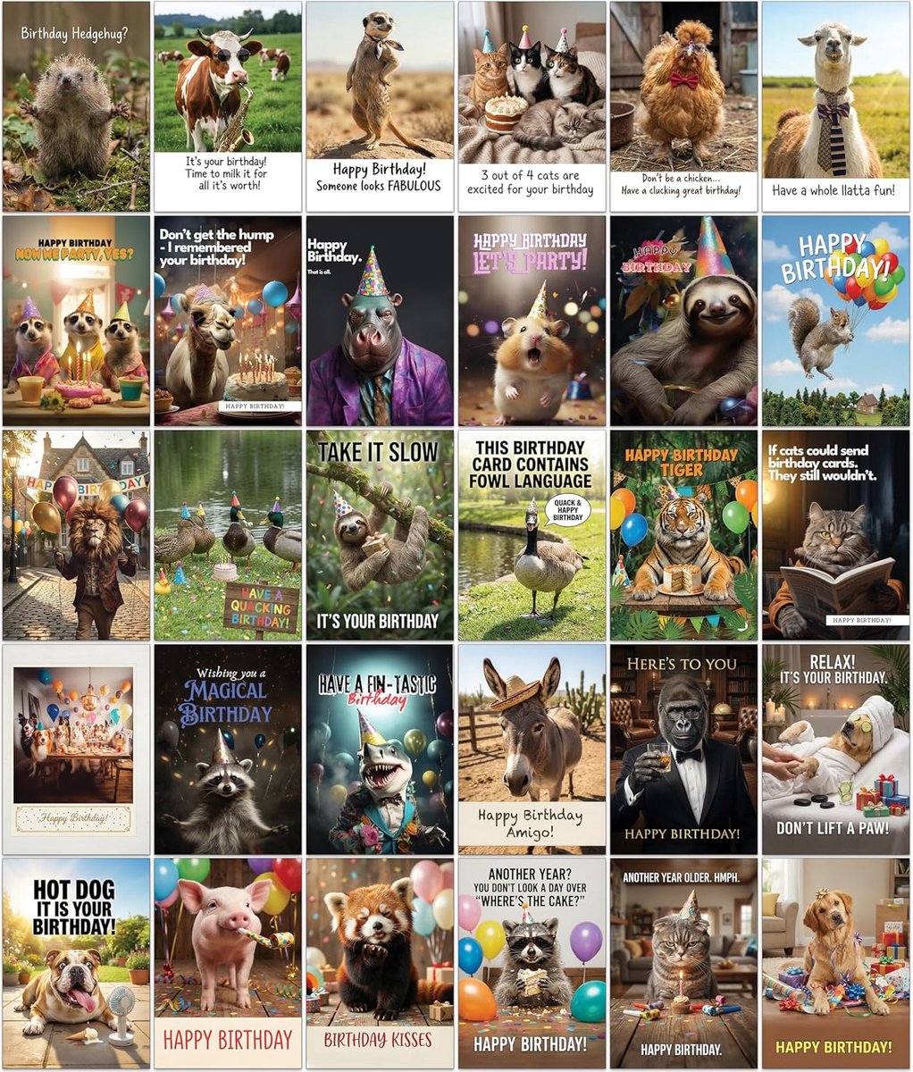 Thijox - Feestdieren! Verjaardagskaarten Set van 30 Grappige Dieren Fotokaarten A6 Parelmoer Karton met Witte Enveloppen voor Feesten, Verjaardagen, K