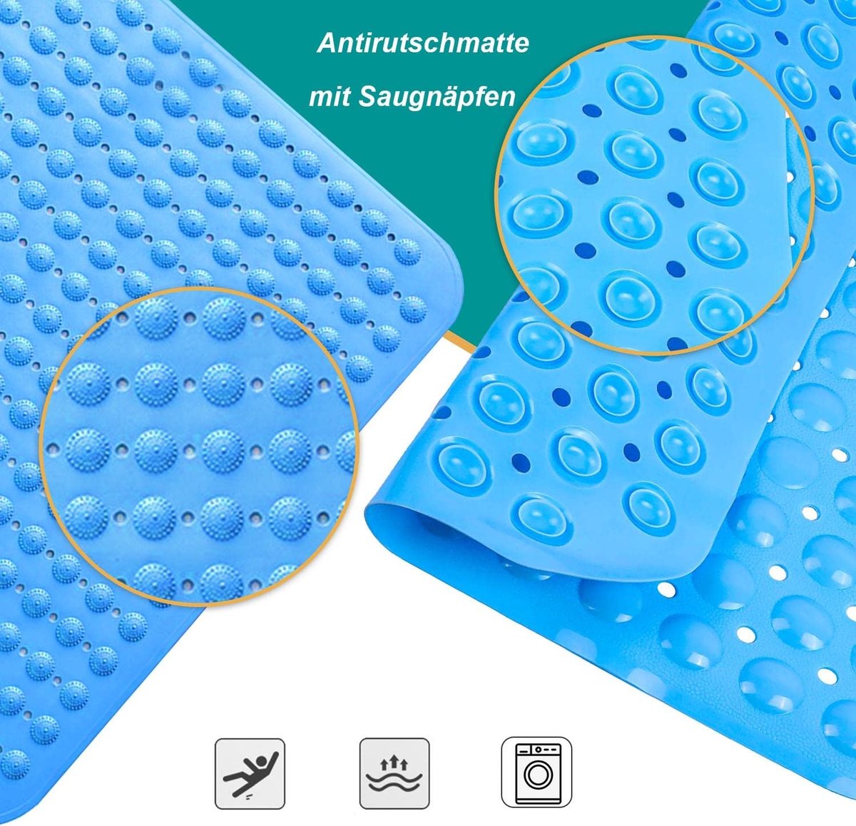 SnelShoppen - Antislip Douchemat 48 x 48 cm Massage Mat met Zuignappen voor Sauna, Douche en Gym, Machinewasbaar, Vierkant, Zee Blauw