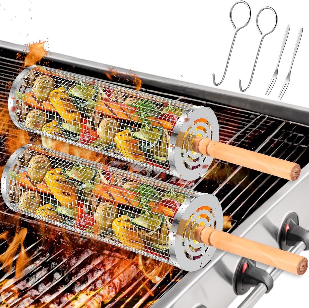 SnelShoppen - 2 Pcs Grill Basket Set met Houten Handvat, Roestvrijstalen Grilmanden voor Groenten en Vlees, Draagbare Rolmanden voor BBQ, Camping en P