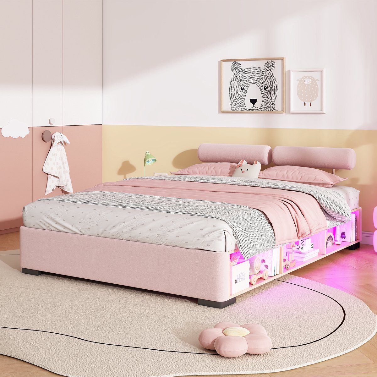 PHOEBE CAT Kinderbed - 140 x 200 cm - LED-verlichting - Opbergrek - Verstelbaar hoofdeinde - Roze