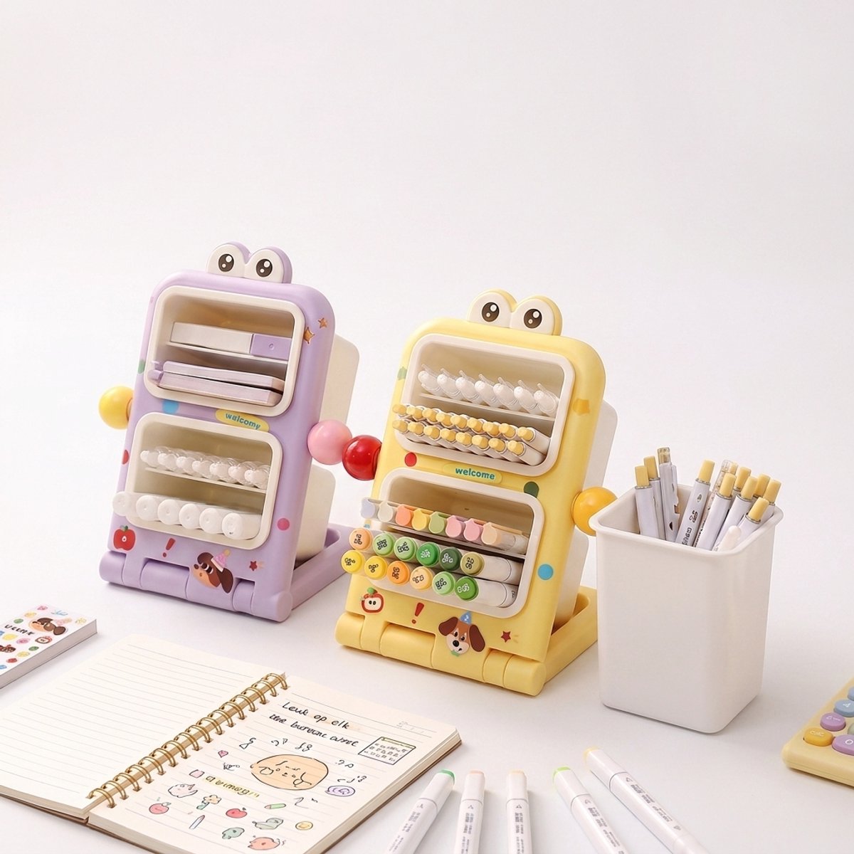 Ryoudavell - 2 stuks Cartoon Penhouder - Desk Organizer - met 4 Vakken voor Bureau en Kantoor - Studenten - Multifunctionele Bureau Opbergbox voor School（Geleverd met 2 leuke stickers）