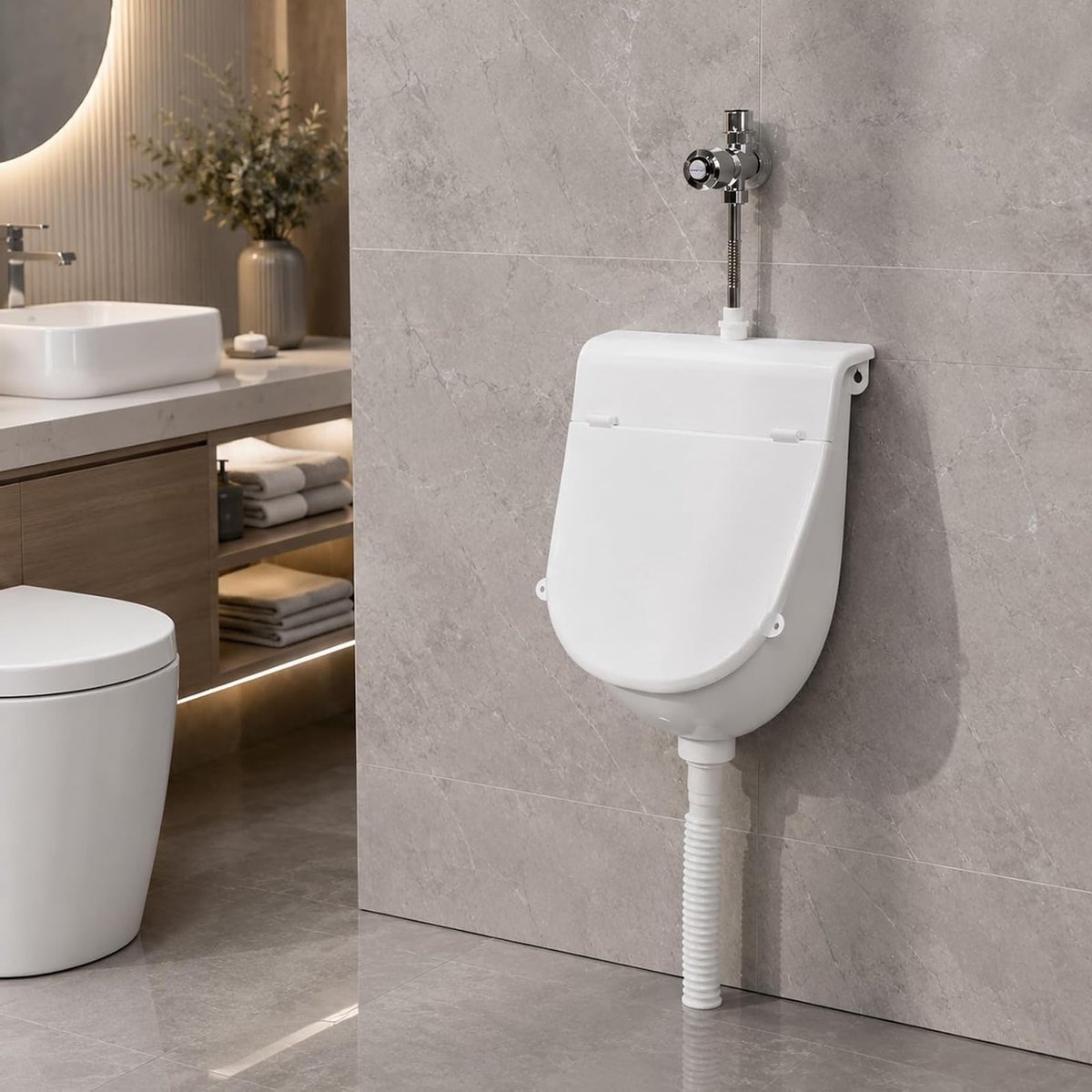 Wandmontage urinoir met deksel en spatbescherming, kunststof toiletoplossing voor badkamer, camping en garage, inclusief spoelventiel en slang