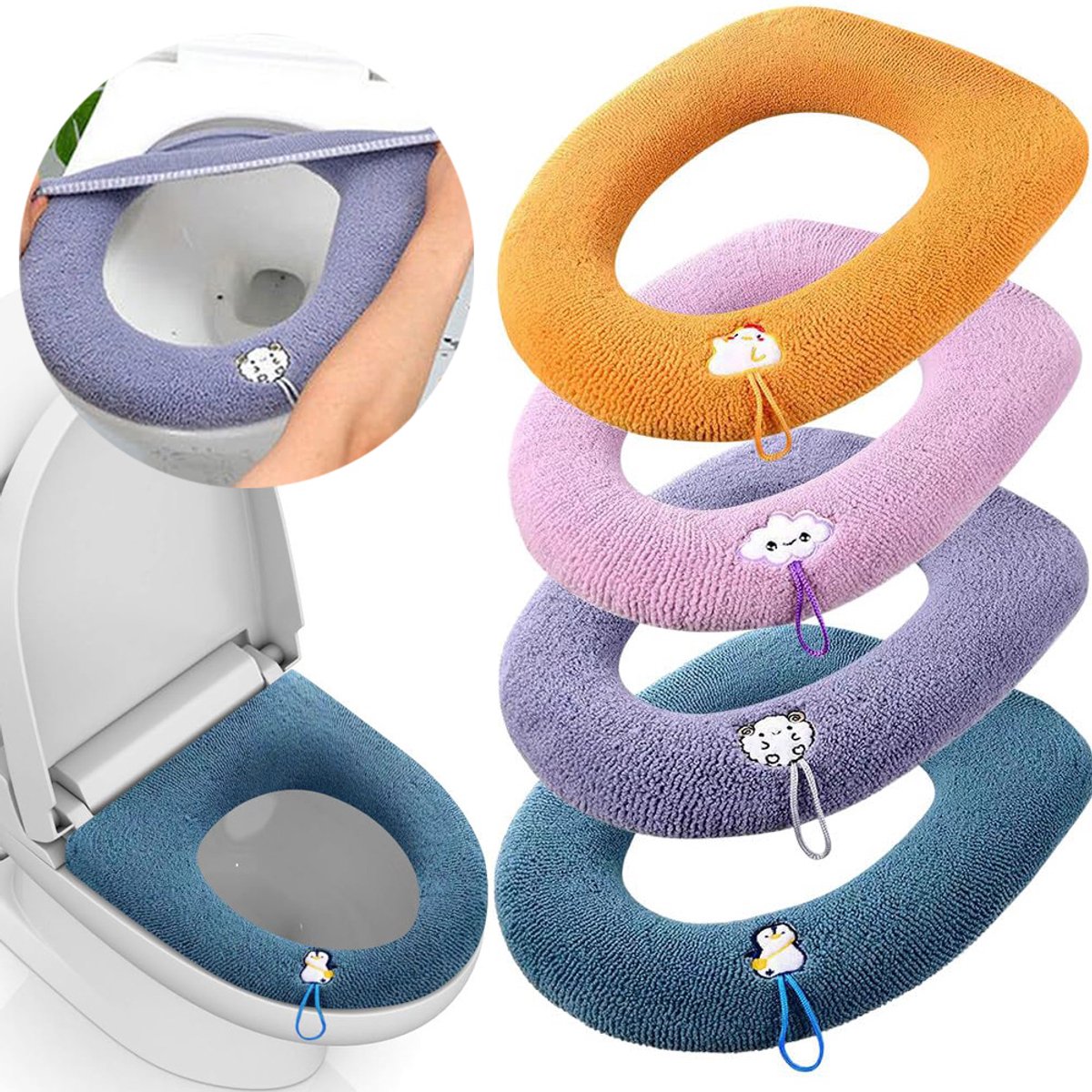 4 Stuks - Wcbrilhoes - Universele pasvorm - Wc hoes - Toiletbril - Wc bril hoes - wc bril hoes wasbaar - toiletbrilhoes - geel, roze, paars, blauw