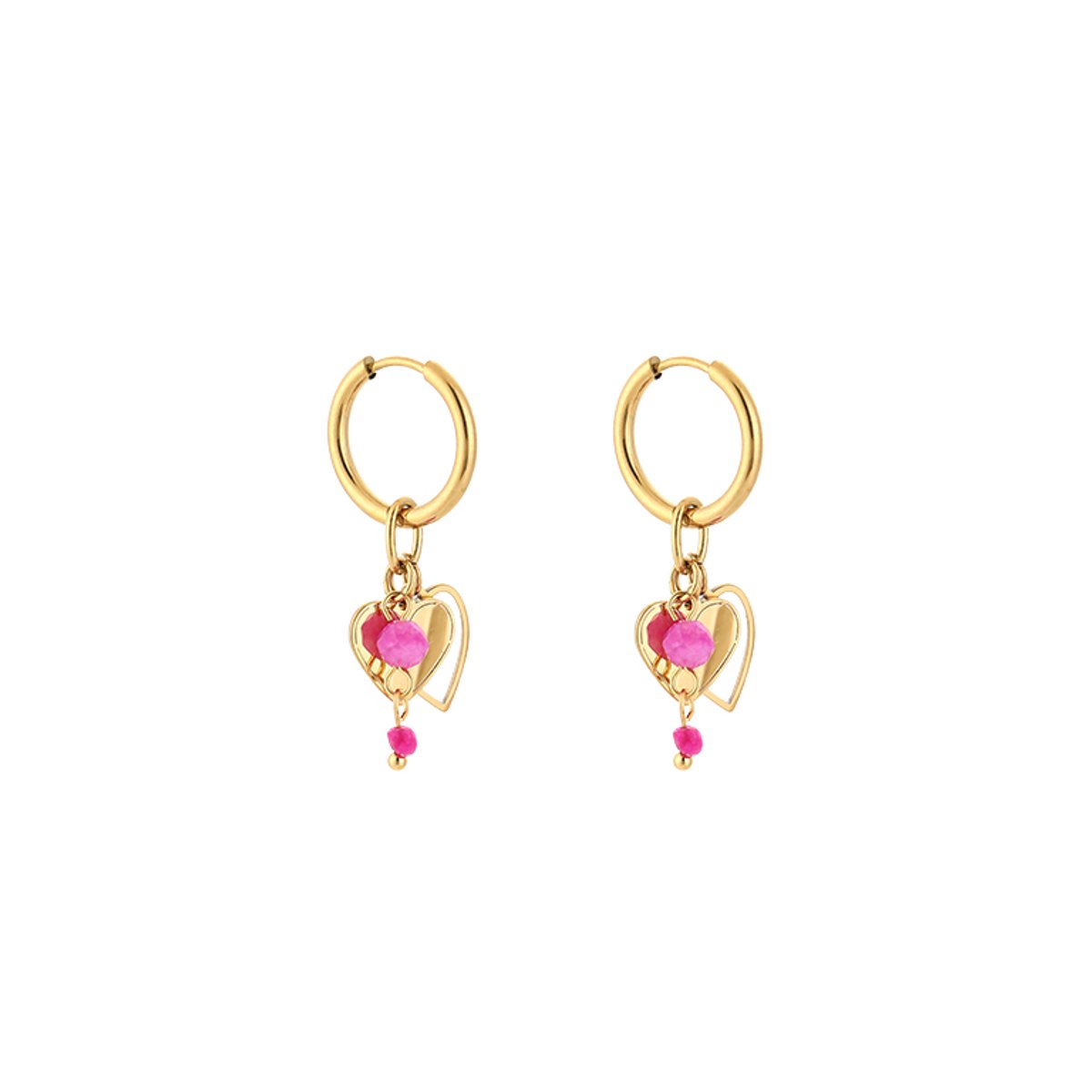 Stainless Steel Bedel Oorringen met Hartjes & Kralen – Romantische & Gelaagde Oorhangers - RVS - Goud/Fushia