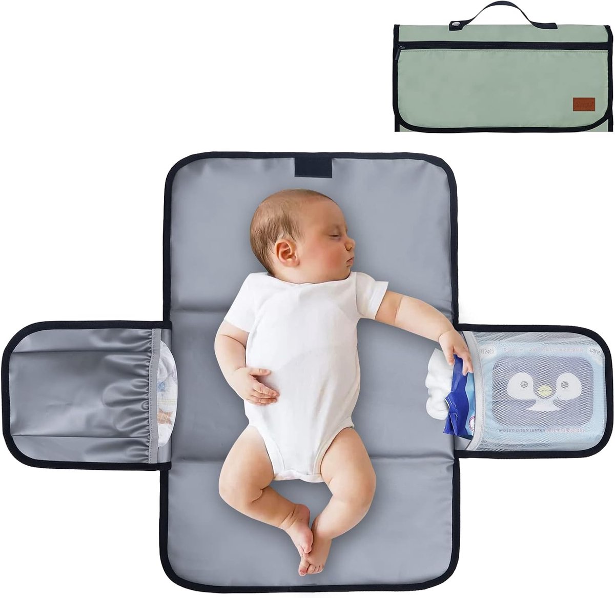SnelShoppen - Vouwbaar Reis Verschoonmat met 3 Opbergvakken, Afneembare en Hangende Handgreep, Waterdichte Reis Kit voor Baby's en Moeders, Groene Kle