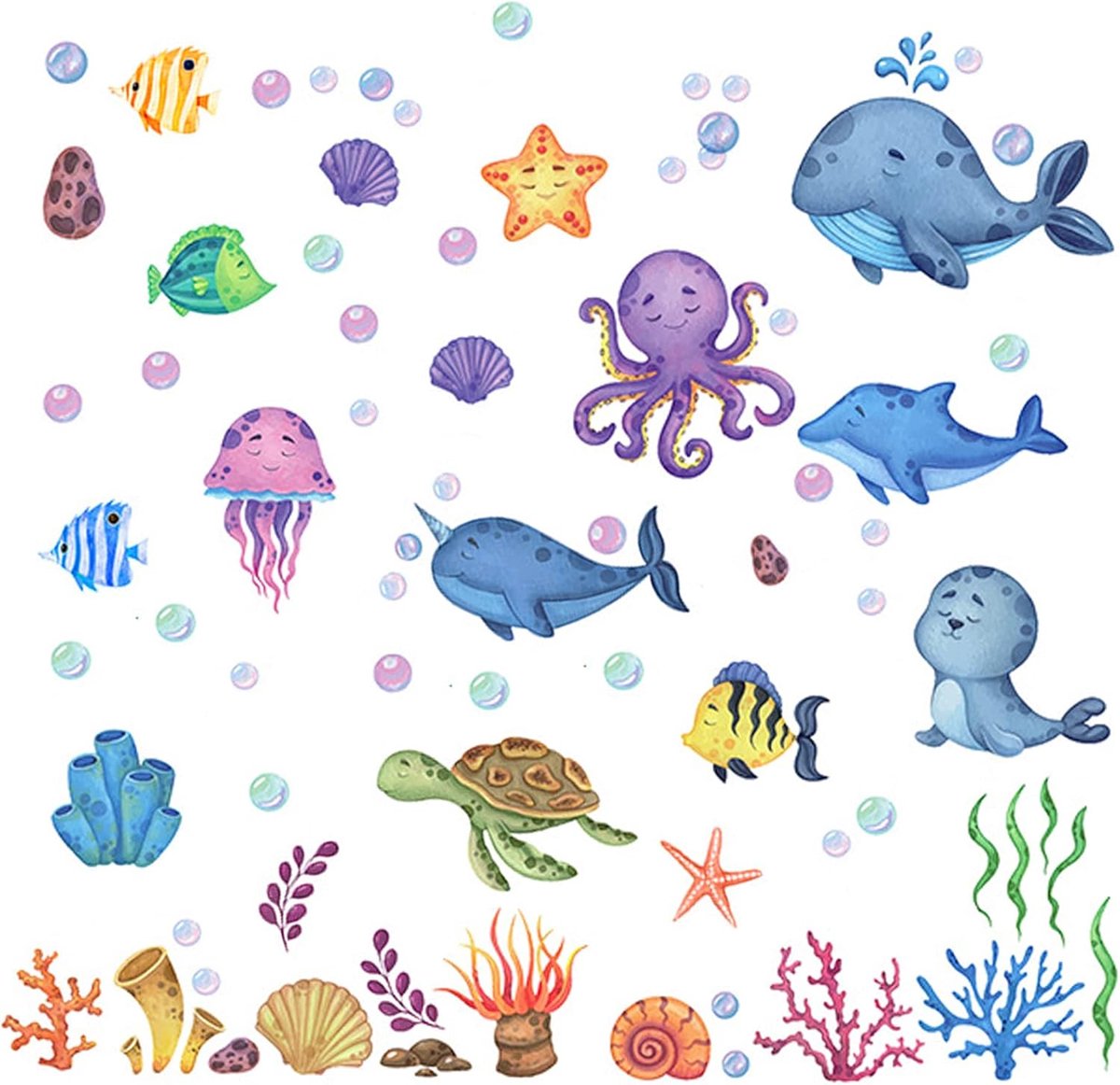 SnelShoppen - Kids Wandstickers Onderwaterwereld - Decoratieve Vinyl Stickers voor Kinderkamer, Badkamer - Walvissen, Zeedieren, Zelfklevend - Veilig