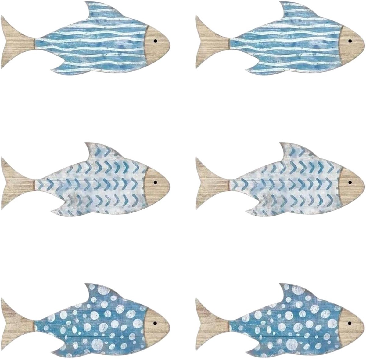 SnelShoppen - 6Pcs Wanddecoratie Houten Vissen, Muurhangers Marine Thema, Voor Badkamer, Slaapkamer, Woonkamer, Blauw, Wit, Hout