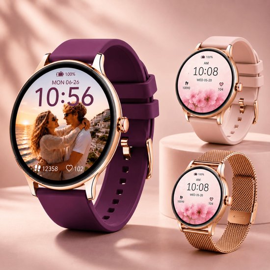 Paarse smartwatch met rosegouden kast, getoond met een foto van een koppel op het scherm.