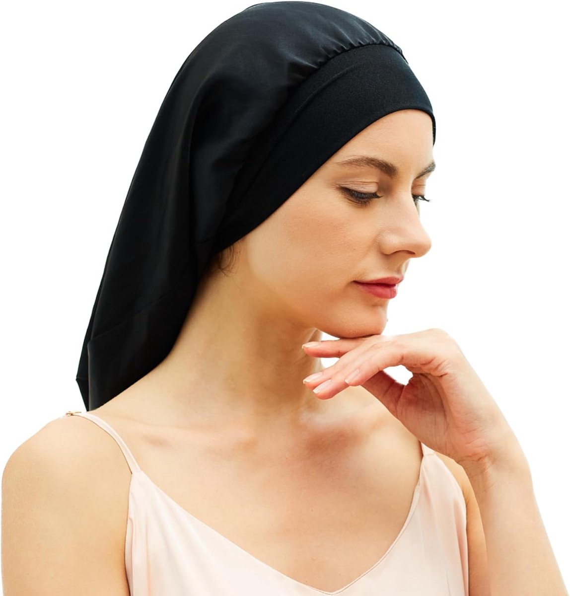 SnelShoppen - 19 Momme Zijden Slaapmuts voor Schouderlengte, Korte en Krullend Haar - Zwart - L - Haarbescherming, Comfortabel, Luxe Materiaal