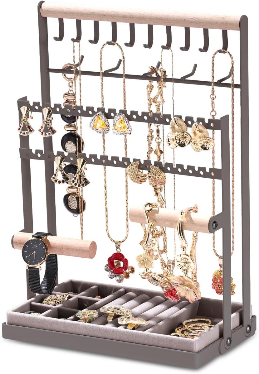 SnelShoppen - Elegante Sieradenstandaard voor Oorbellen, Kettingen, Ringen en Armbanden - Sieradenhouder met Opslagbasis - Grijs - Perfect voor Badkam