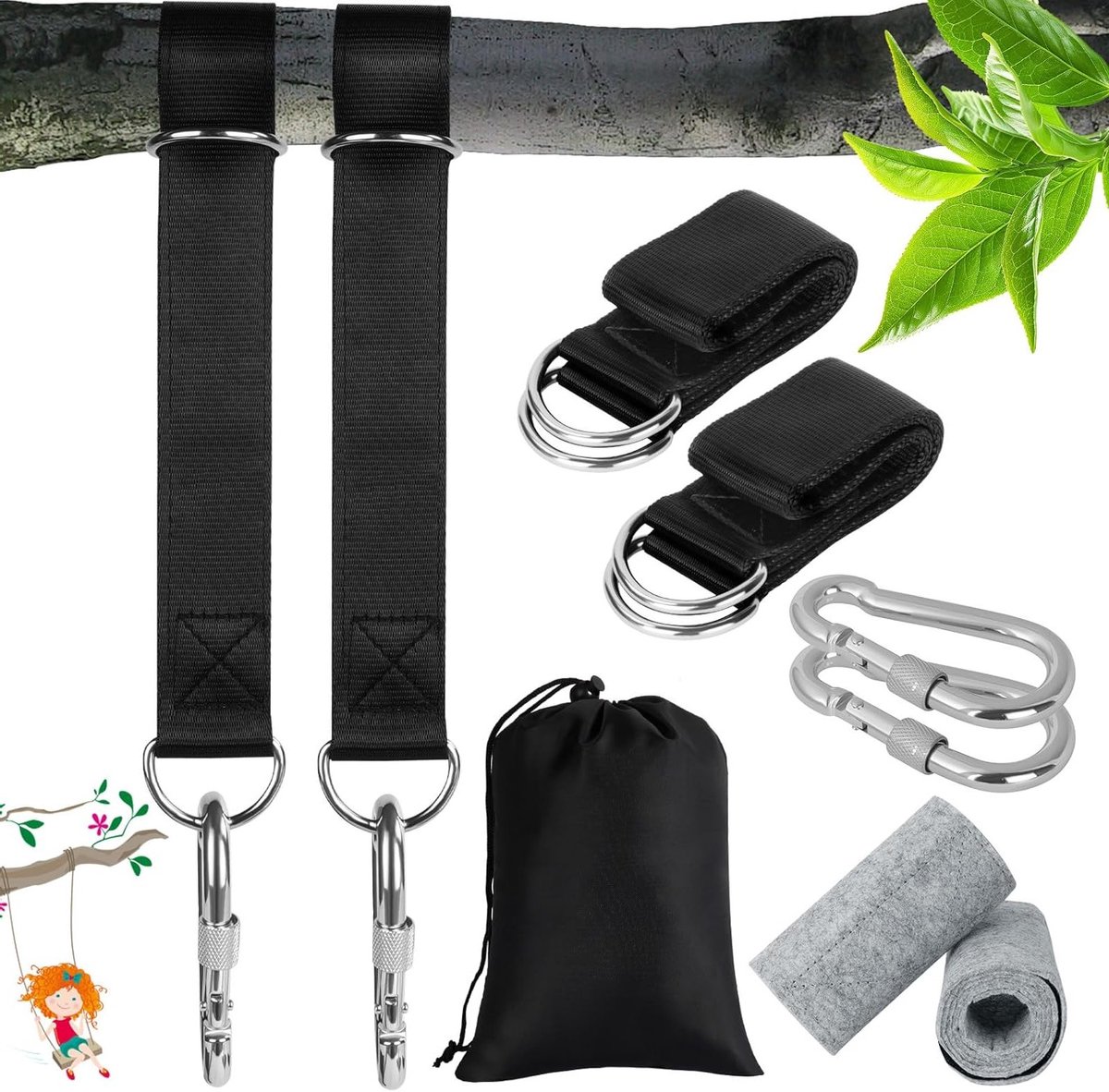Bevestigingsset voor Schommels en Hangmatten | 2 Stuks met Boombeschermers, Karabiners en Opbergtas | Universele Ophangbeugel voor Tuin, Boom en Terras