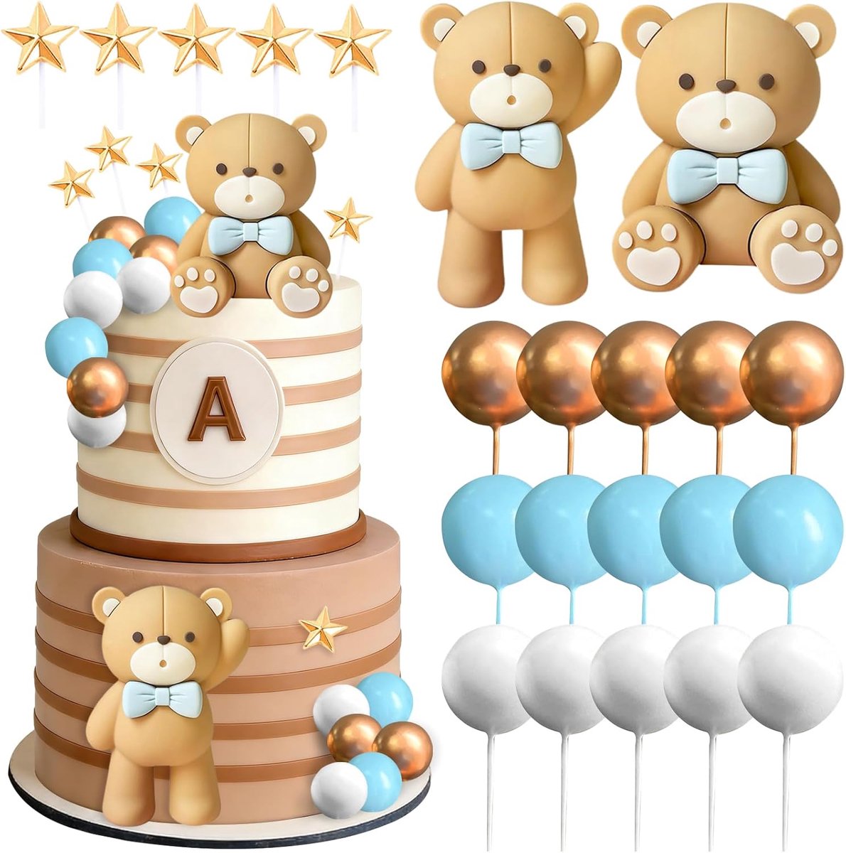 SnelShoppen - Cake Decoratie Beer Set, 22 Stuks Cake Toppers met Beren, Sterren en Ballen voor Kinderfeestjes, Verjaardagen en Themafeesten, Schattige