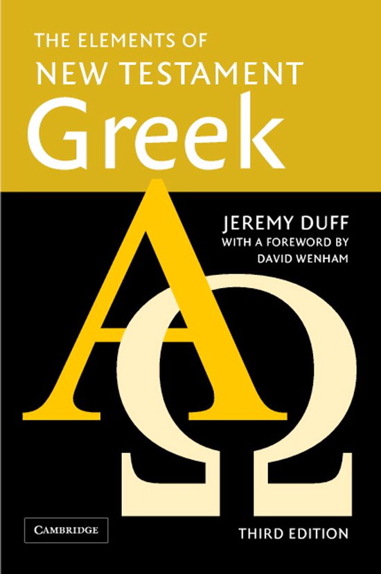 Boek "The Elements of New Testament Greek" met grote gele en witte Alfa en Omega symbolen op een zwarte achtergrond.