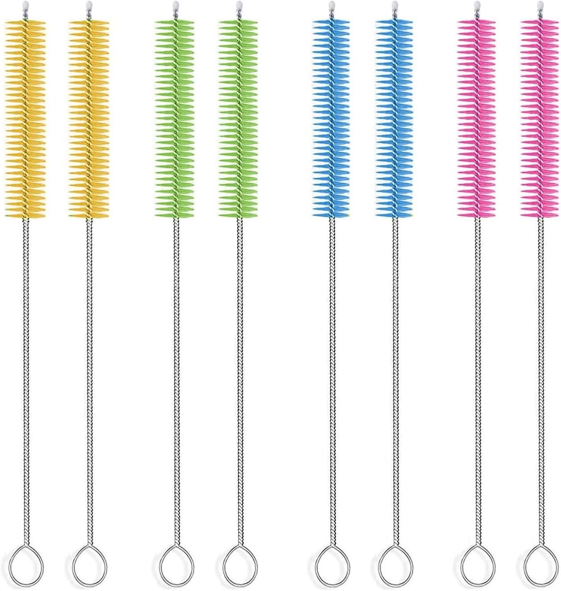 SnelShoppen - Set van 8 Extra Lange Flessenborstels (15mm) - RVS & Nylon - Perfect voor Rietjes & Keuken - Diverse Kleuren - Dagelijks Gebruik