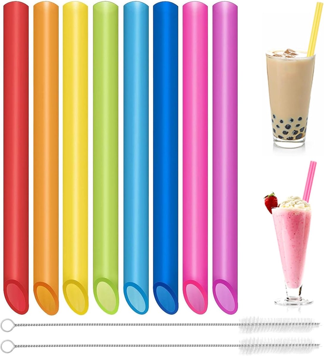 Thijox - 16 Stuks Herbruikbare Bubble Tea Rietjes - Gekleurde Dikke Rietjes met 2 Reinigingsborstels - Ideaal voor Dranken, Feesten, Camping en Kinder