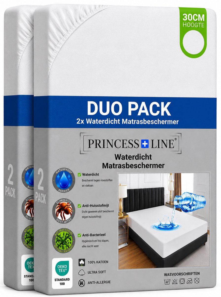 Princess Line Waterdichte Molton Badstof - Matrasbeschermer 80x200 cm - 1-Persoons - Set van 2 - Wit