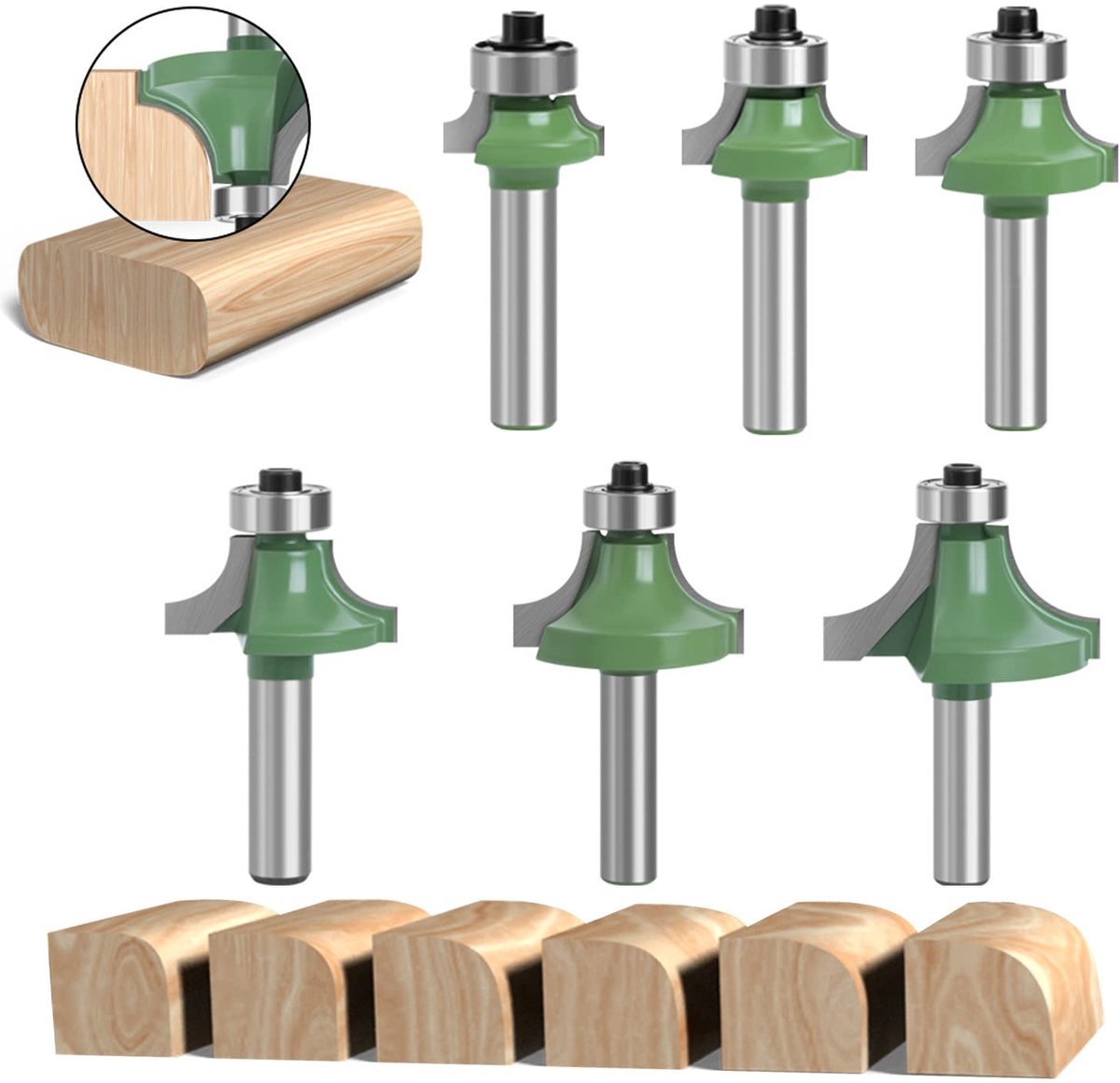 SnelShoppen - Set van 6 Professionele Houten en Metalen Freesjes, 8 mm Shank, Verticale Frees, Kantenfrezen voor Deuren en Houtbewerking, Ronde Hoeken