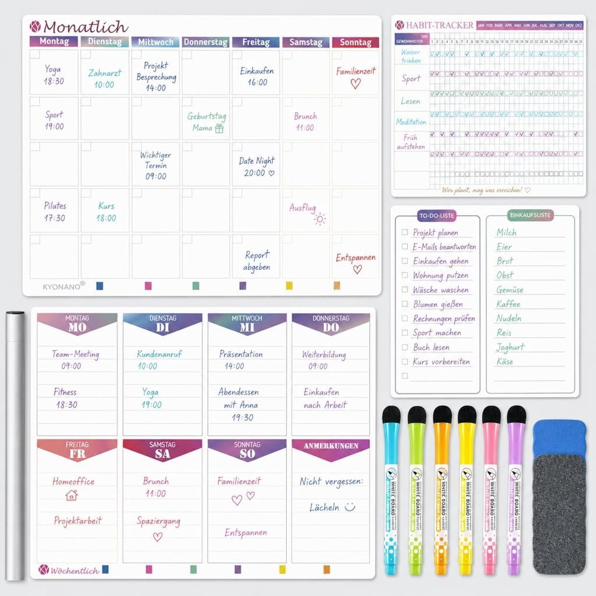 SnelShoppen - Kyonano Familie Planner Magnetisch 4-Delig Weekplanner Maandplanner To-Do Bord en Gewoontetracker Wasbaar Whiteboard voor Gezinsorganisa