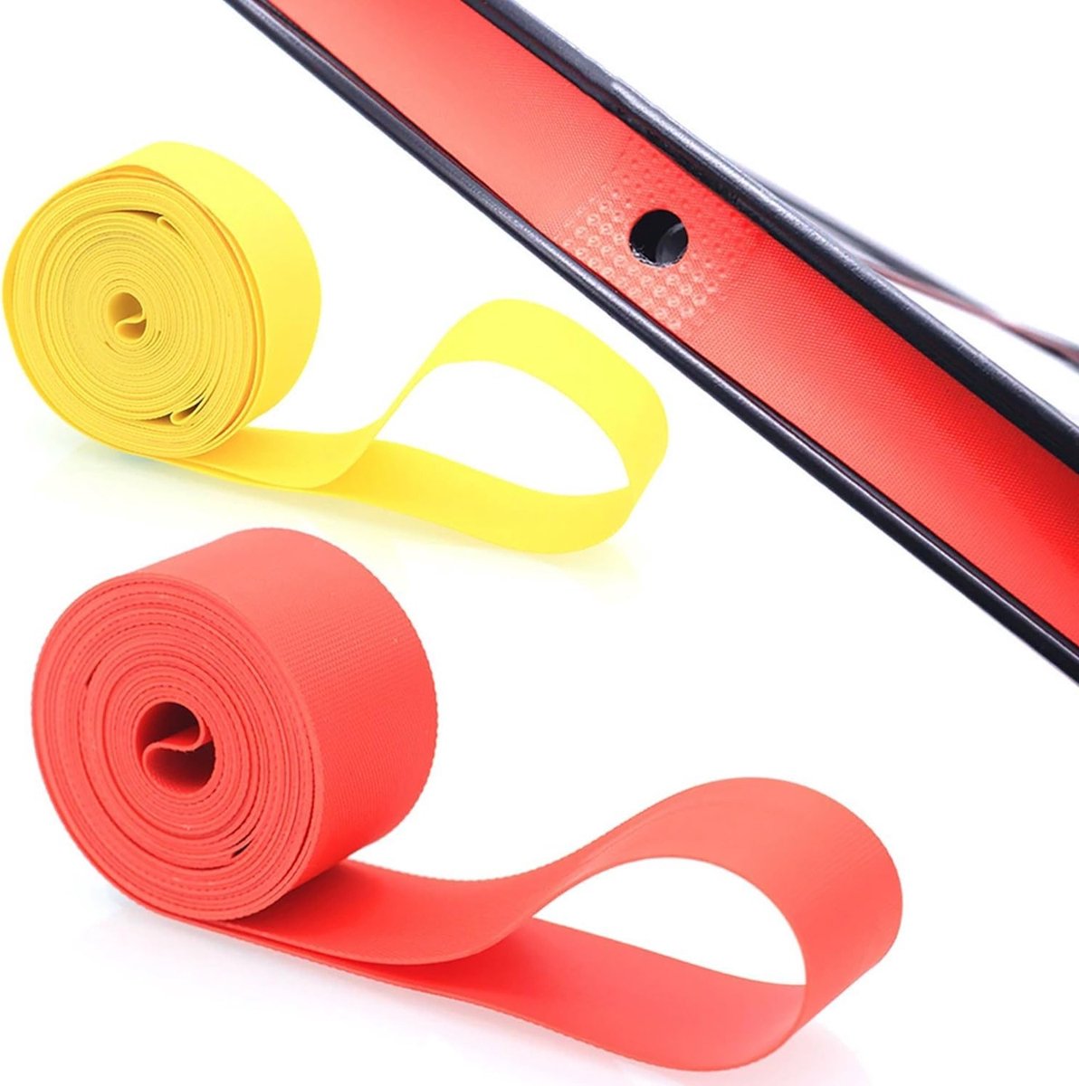 Fietsbanden en Velgenbanden van PVC voor Bandenbescherming - Geschikt voor Mountainbikes en Hybride Fietsen - Set van 4 Stuks in Rood en Geel