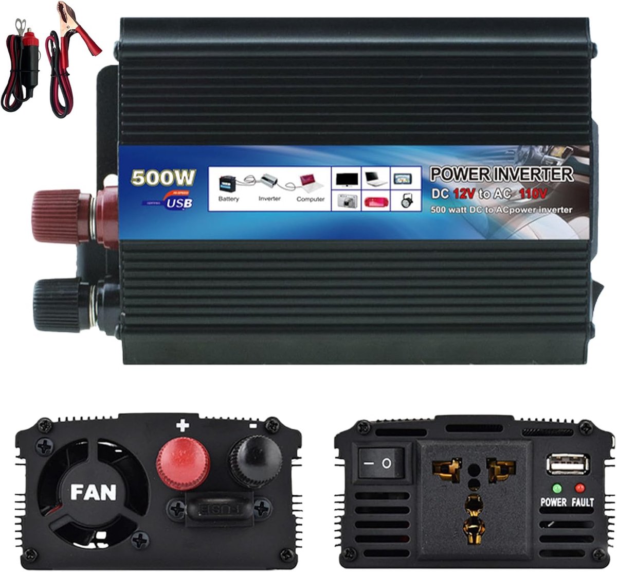 SnelShoppen - Power Inverter 500 W DC 12 V naar 220 V Auto Stekker met Sigarettenaansteker voor Auto, Opladen van Laptops, Mobiele Telefoons en Meer,
