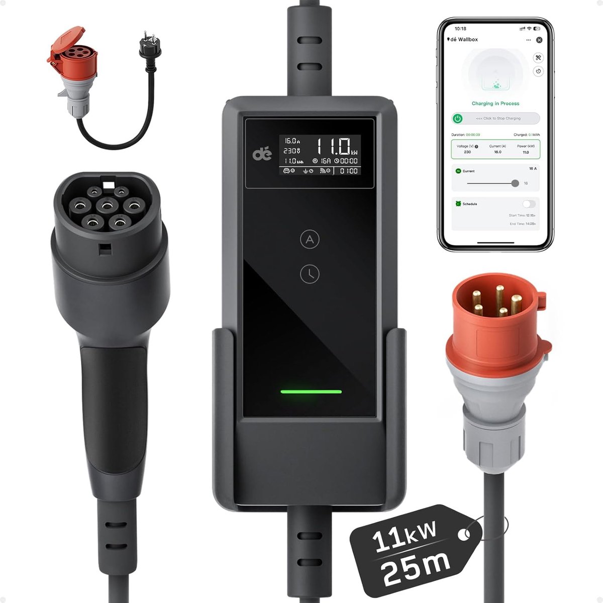 SnelShoppen - 11kW Mobiele Oplaadbox met App (25m, 3-Fase, 6-16A) voor Elektrische Auto's, Type 2, Verstelbare Laadcapaciteit, CEE 16A/400V, Ideaal vo