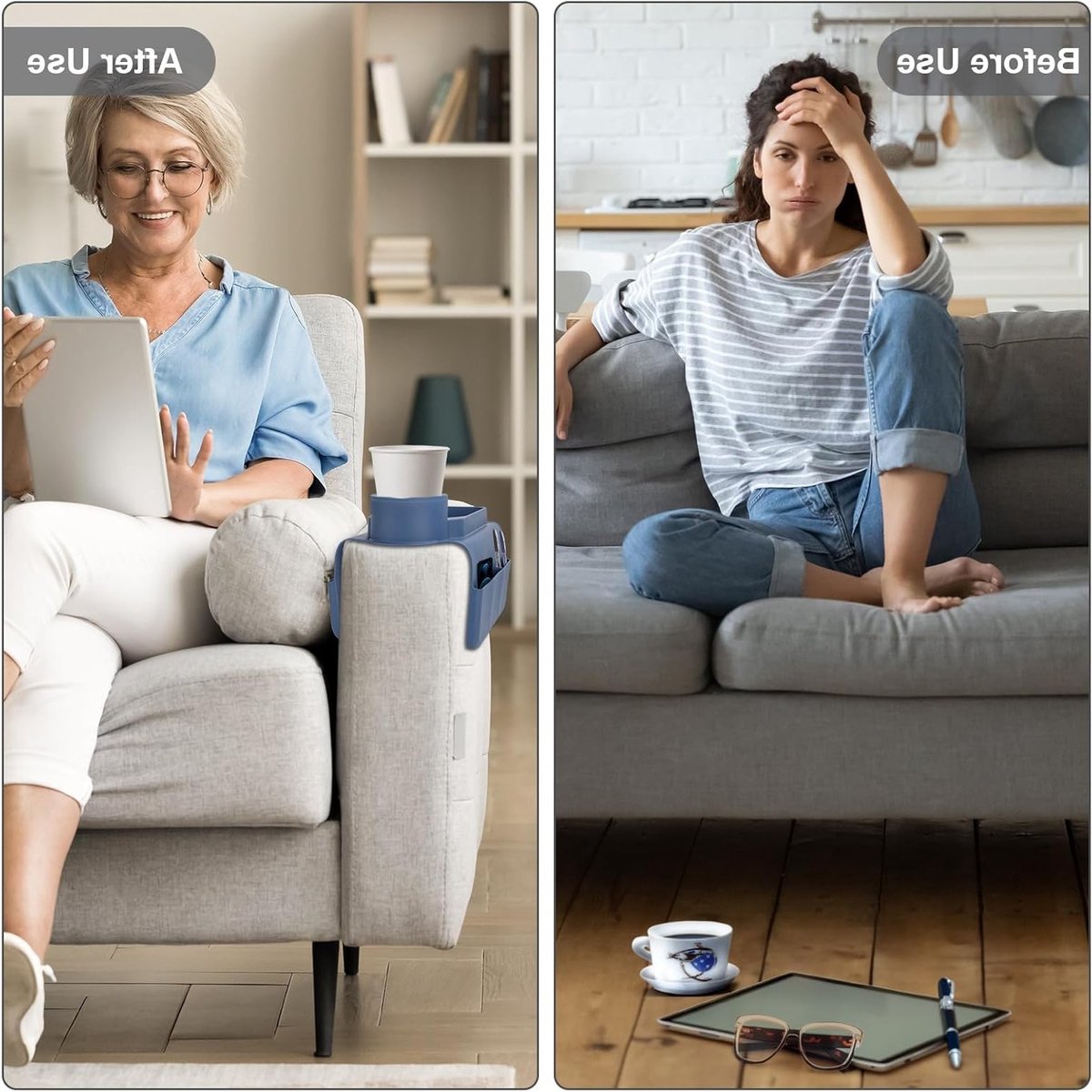 Handige Armleuning Tray met 2 Zijvakken, Antislip en Spill-Proof, Ideaal voor Drankjes, Telefoon, Tablet en Snacks, Ruime Opbergruimte, Blauw