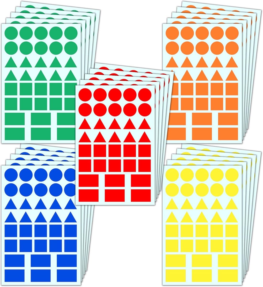 SnelShoppen - 1800 Stuks Kleurige Vormen Stickers - Zelfklevende Labels - 20mm Cirkel, Driehoek, Vierkant, Rechthoek - Rood, Blauw, Geel, Groen, Oranj