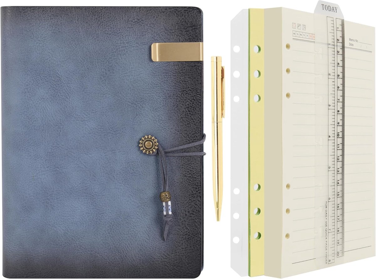 SnelShoppen - A5 Leer Notitieboek Ringband Herbruikbaar Schrift Vintage Kaft met 160 Pagina's Lijnpapier en Gouden Pen - Ideaal voor Kantoor, Plannen