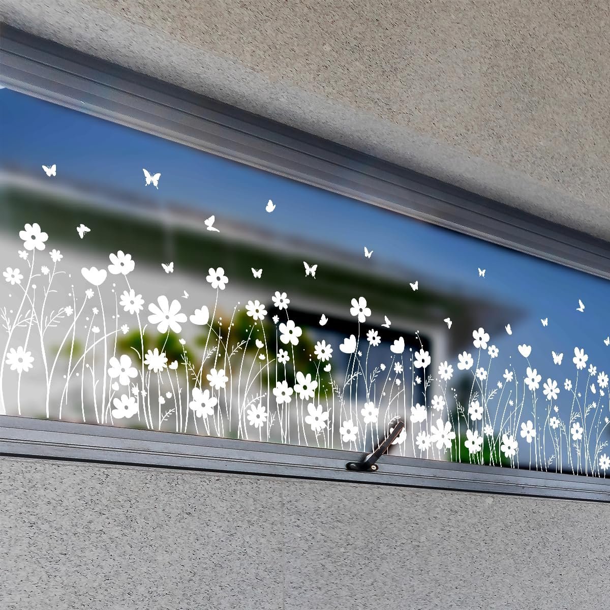 SnelShoppen - Wandstickers voor ramen, bloemendecoratie, witte bloemen, zelfklevend, 88 x 25 cm, voor lente, herbruikbaar, raamdecoratie, moderne stij