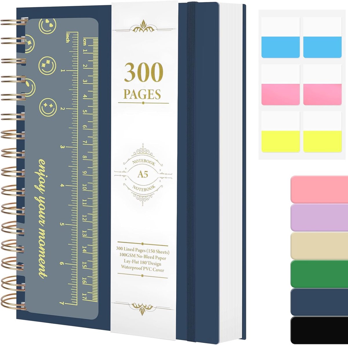 SnelShoppen - Spiral Notebooks A5 - 300-pagina Notitieboek - Hardcover met Stickerblad - 100 gsm Lined Paper - Donkerblauw - Ideaal voor Studeren en W