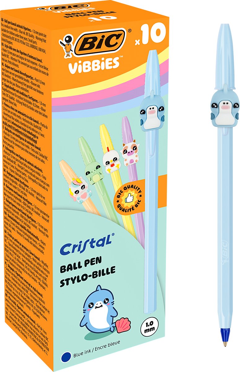 BIC Vibbies Cristal Balpennen Medium Punt (1 mm) met 10 Kawaii Dierfiguurtjes - Blauwe Inkt- Pak van 10