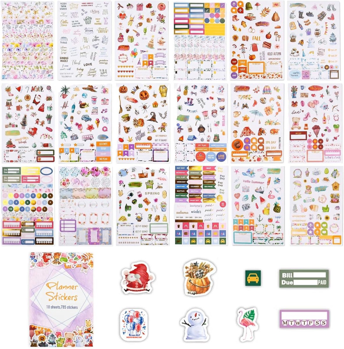 SnelShoppen - Sticker-set 18 stuks - Plakbriefjes, Scrapbooking, Sterke Hechting, Verschillende Motieven, Esthetische Journaling, 13 x 18 cm, Dagboek,