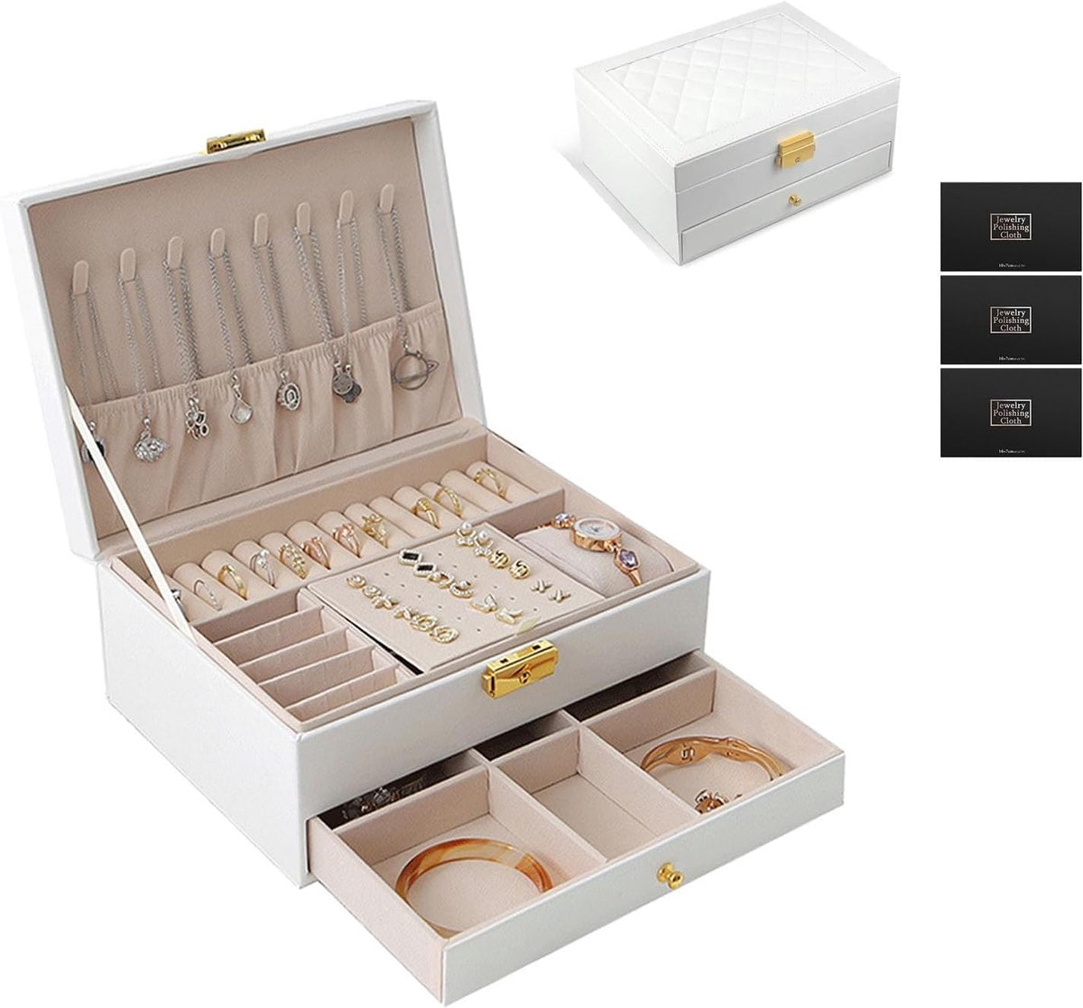 SnelShoppen - Luxe 2-Lagen Sieradenbox van PU Leer met Slot en Sleutel - Grote Capaciteit voor Ringen, Oorbellen, Kettingen, Armbanden, en Horloges -