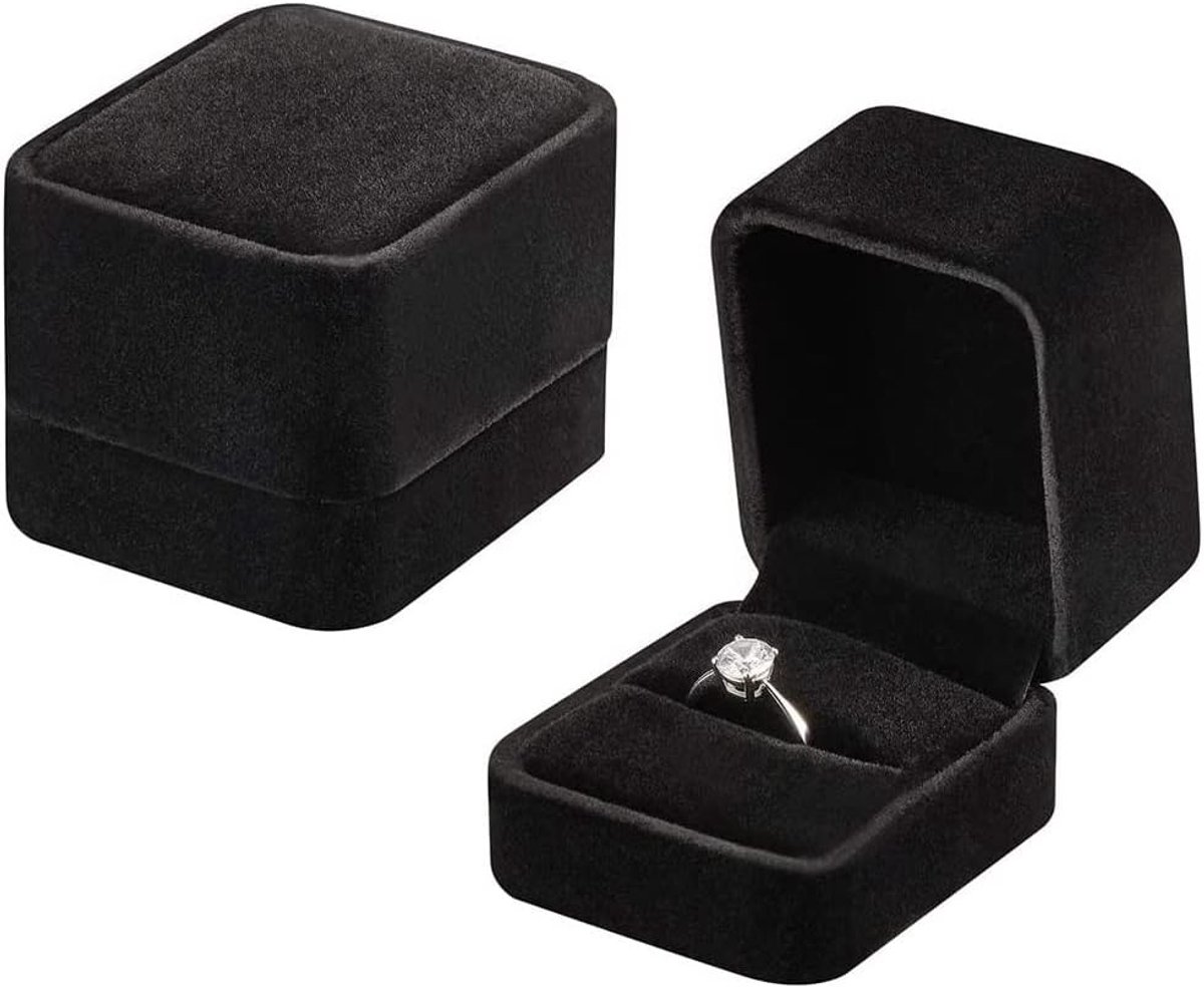 SnelShoppen - Luxe Zwarte Ringdoos, Velours Ringdoos voor Verloving, Bruiloft, Cadeauverpakking, Compact 50 x 55 x 45 mm, Geschikt voor de meeste Ring