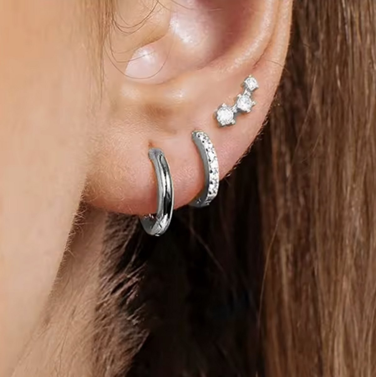 Oorbellen Set - 3 stuks - Kleur: Zilver - Luxe Oorbellen - Incl. Cadeauverpakking - Oorhangers / Oorring / Oorknopjes - Hoge Kwaliteit RVS - Stainless Steel / Roestvrijstaal - Verkleurt Niet - Oorbellen Set - Oorbellen Vrouwen / Dames